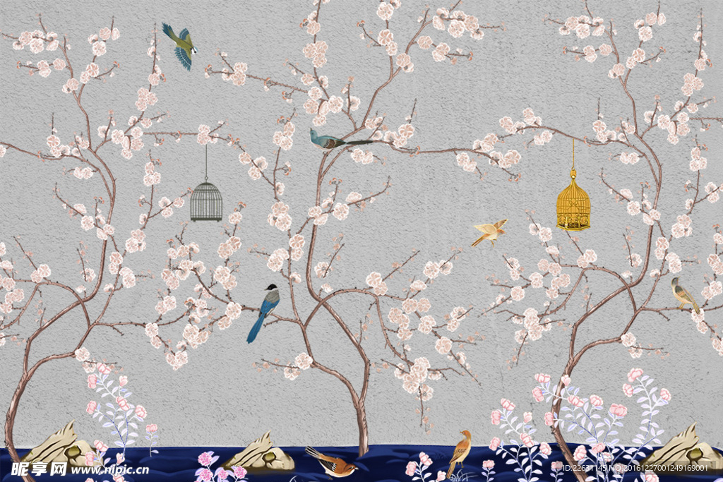 中式花鸟背景墙