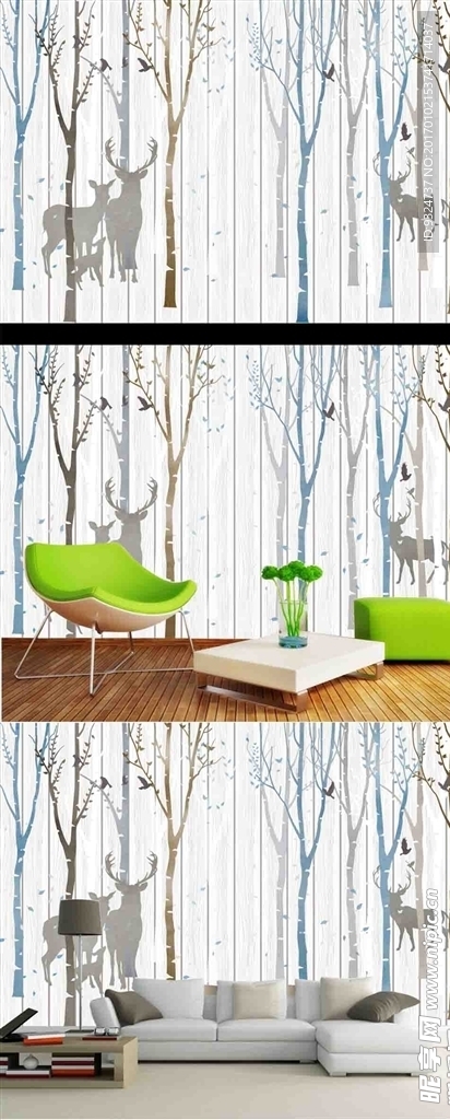 手绘北欧水彩花卉麋鹿剪影