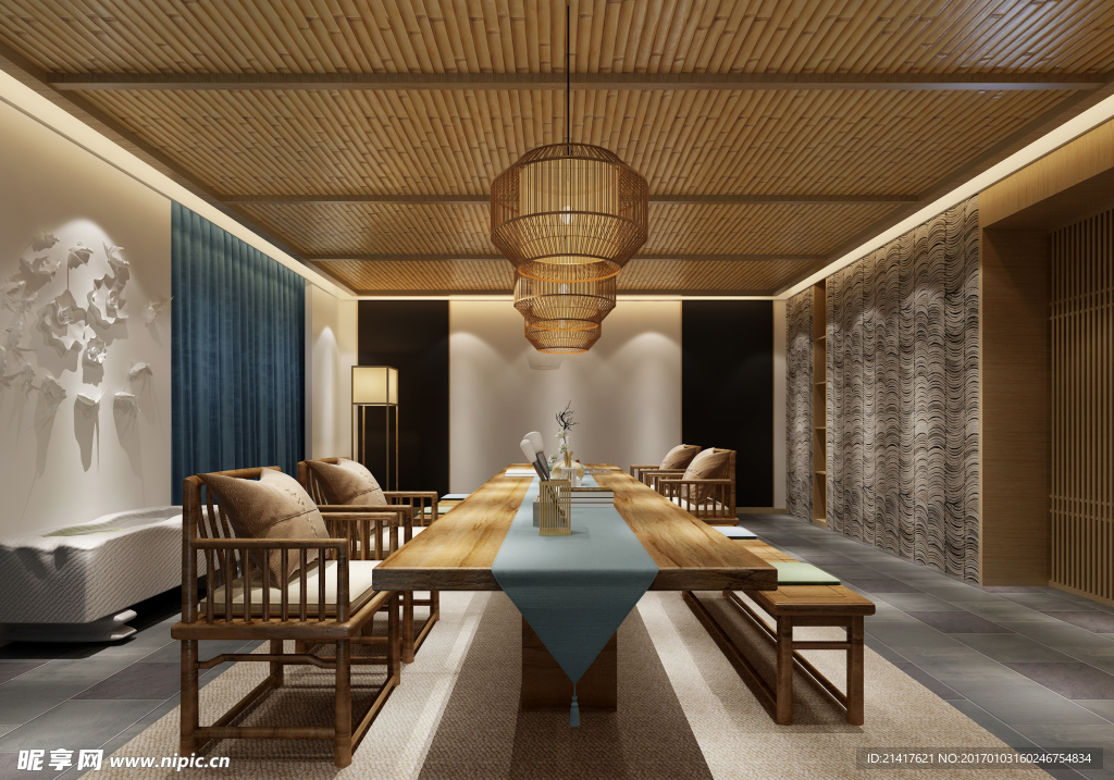 新中式风格会所会议室茶室效果图