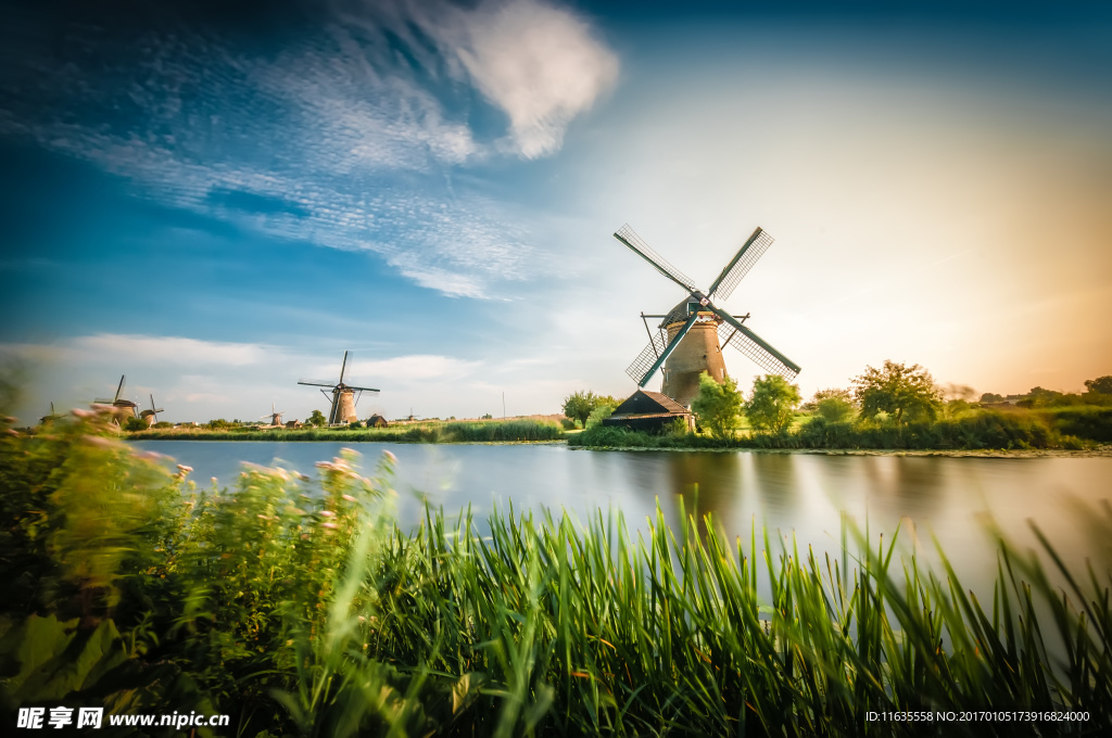 美丽的荷兰风车景色高清图片