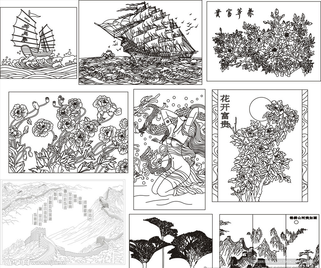 9款大型背景装饰画矢量线稿素材