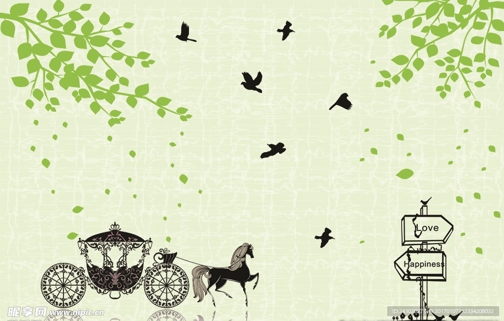 时尚马车小鸟背景墙