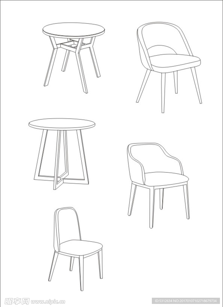 北欧餐台桌椅线描图