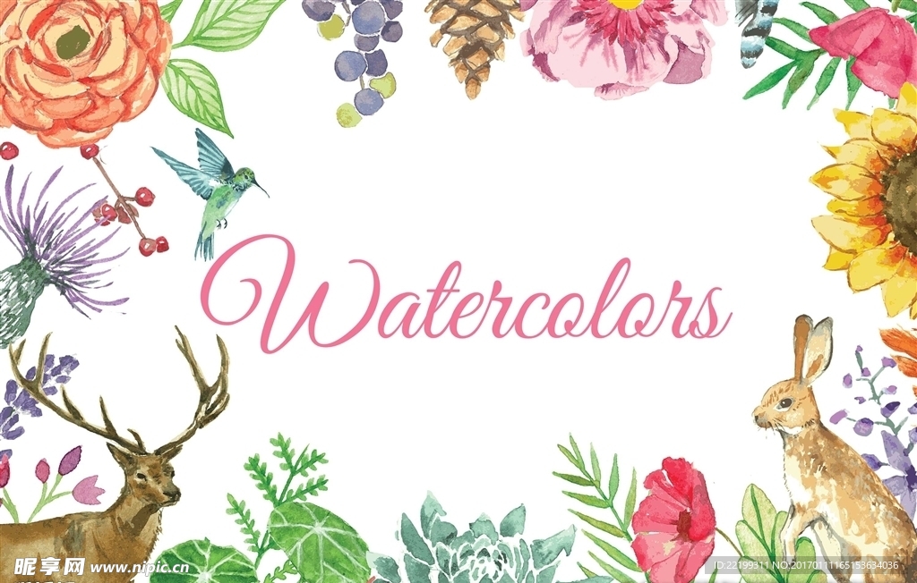 手绘水彩小动物花卉卡片