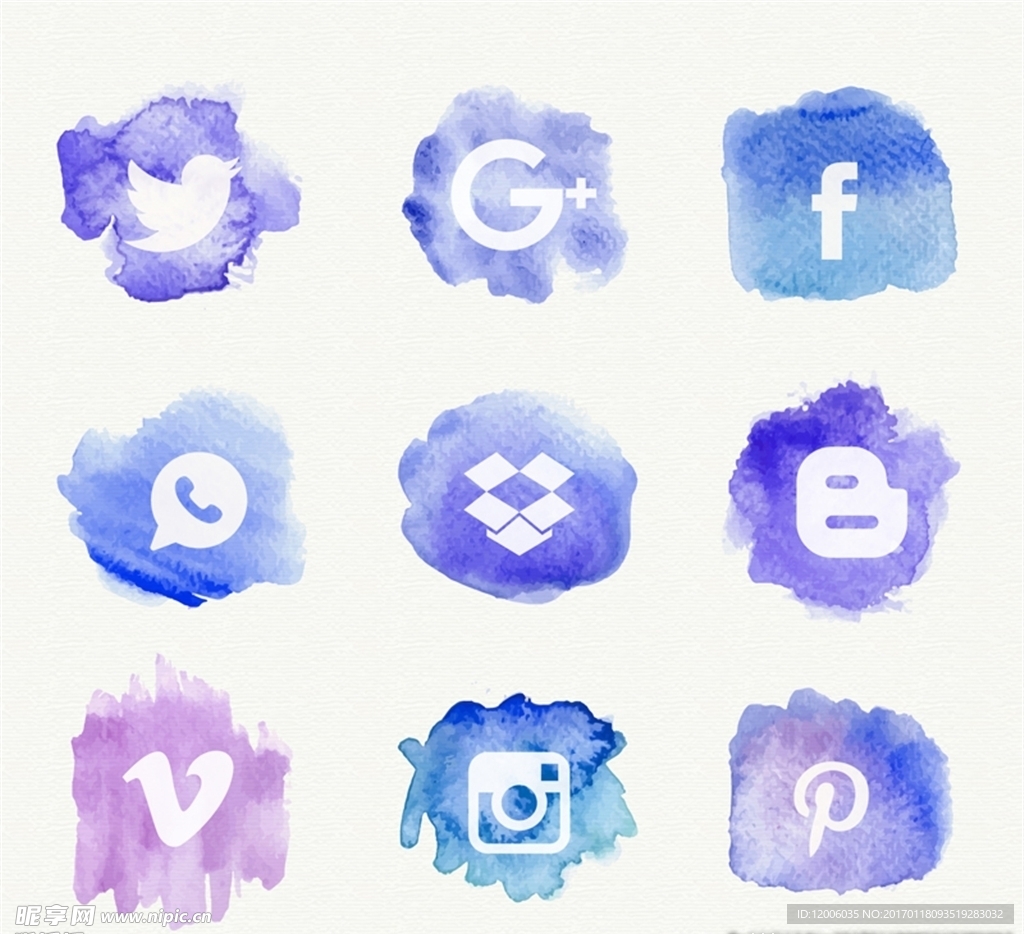 9款蓝色水彩绘社交媒体图标矢量
