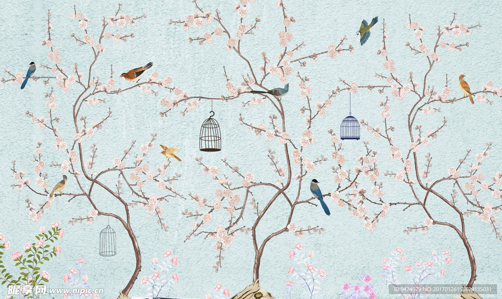 中国传统古典花鸟桃花艺术背景墙