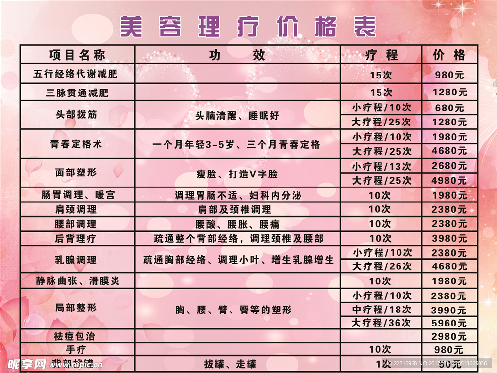 美容理疗价格表排版
