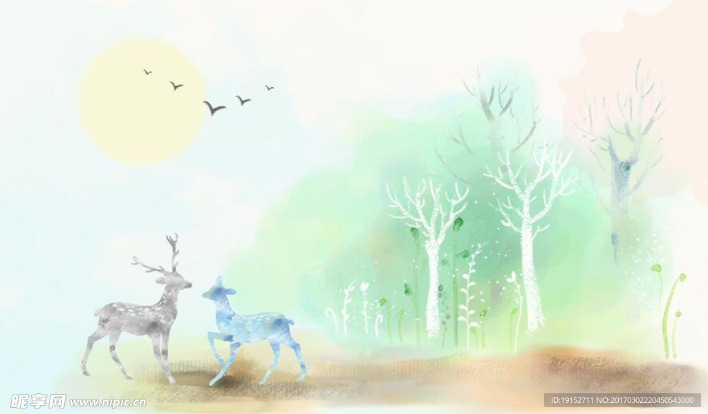 水彩鹿林