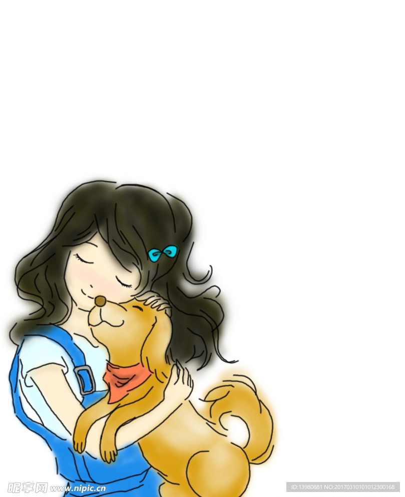 手绘女孩抱狗插画