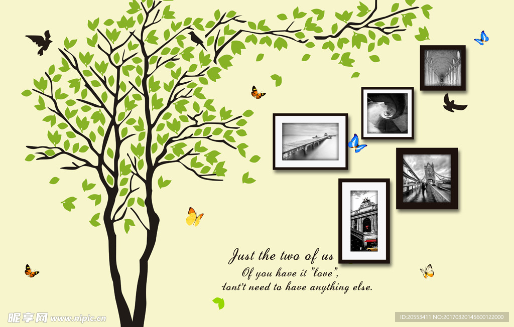 清新绿色小树相框电视背景墙