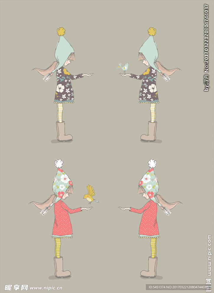 捧着小鸟的女孩绘画