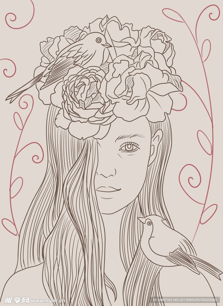 人与动物和谐相处 插画线稿