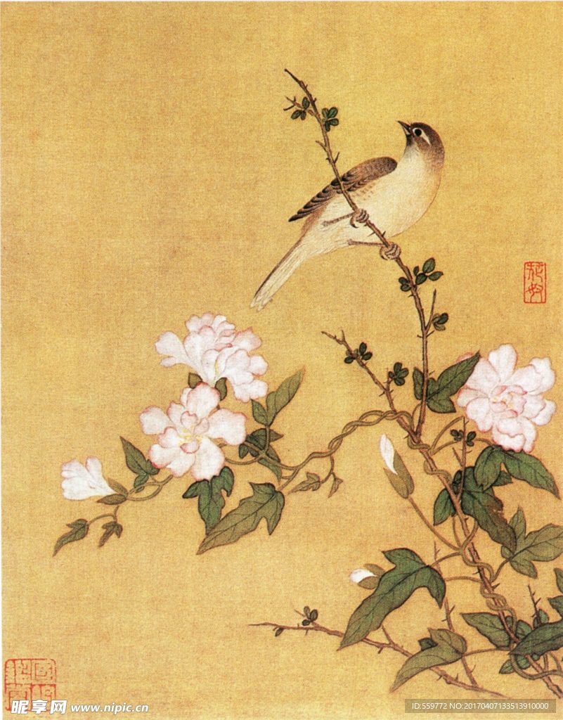 国画 黄丽鸟 花朵