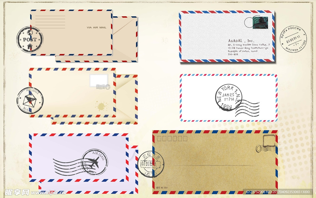 经典红蓝信封信纸设计带邮戳