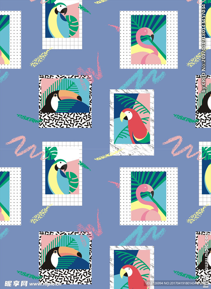 鹦鹉大嘴鸟火烈鸟矢量图