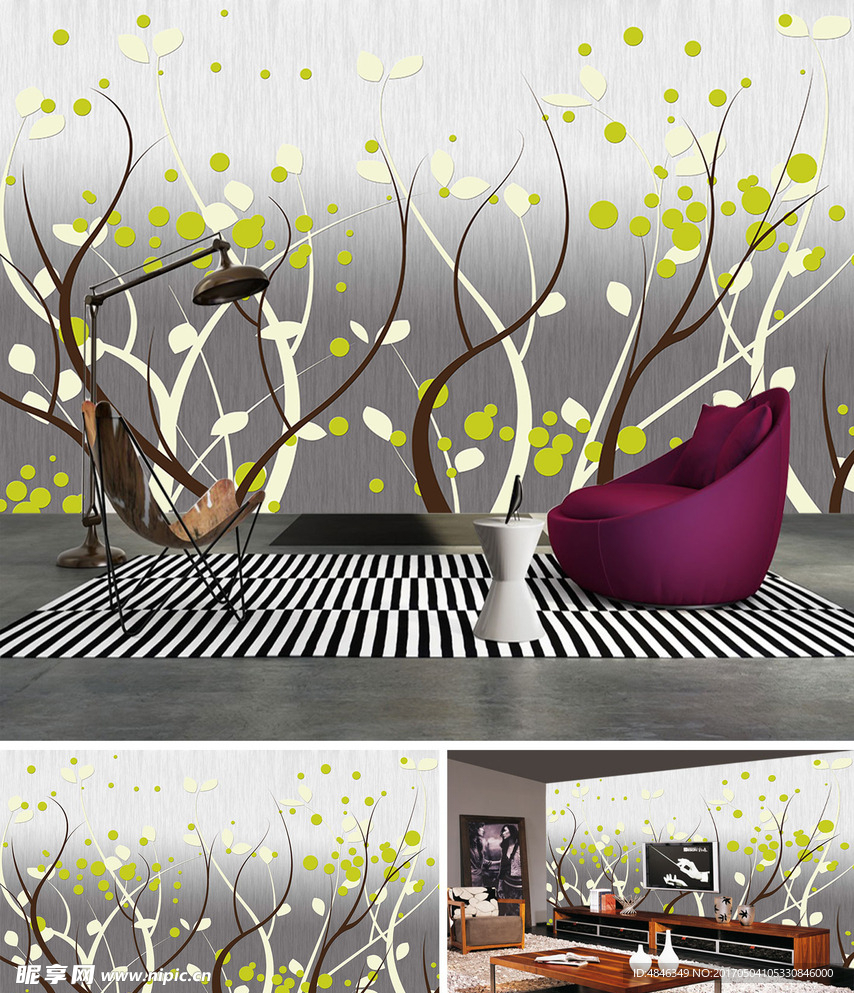 现代简约素雅树林电视背景墙