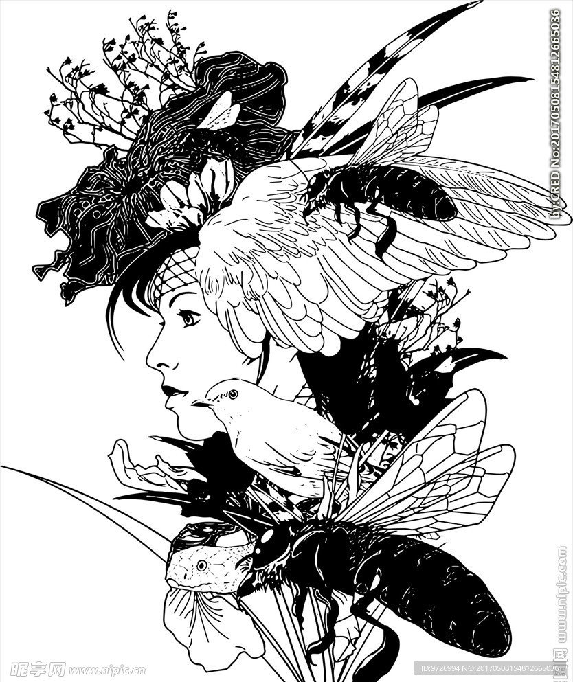 手绘植物动物美女矢量图