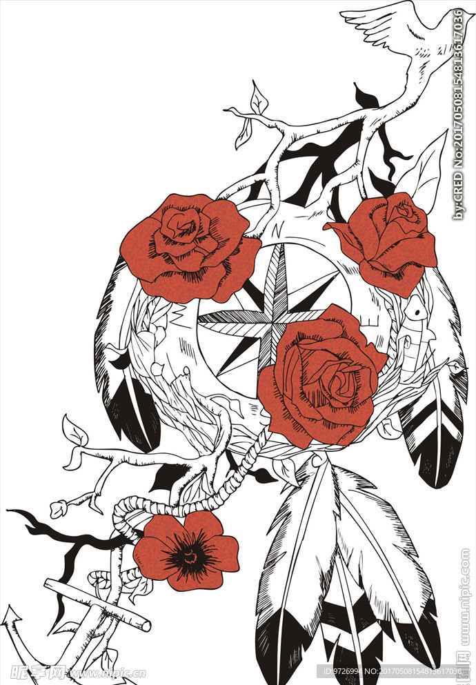 花朵花卉小鸟羽毛矢量图下载