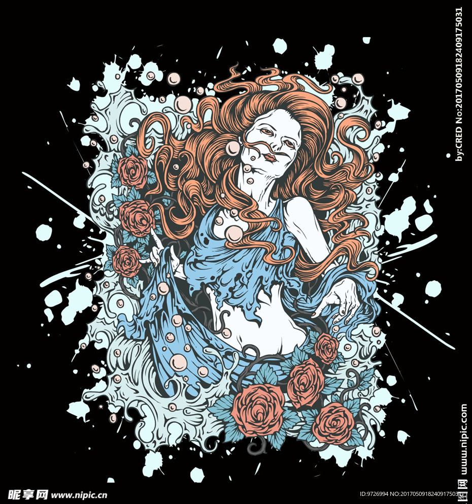 植物花朵玫瑰花手绘美女矢量图