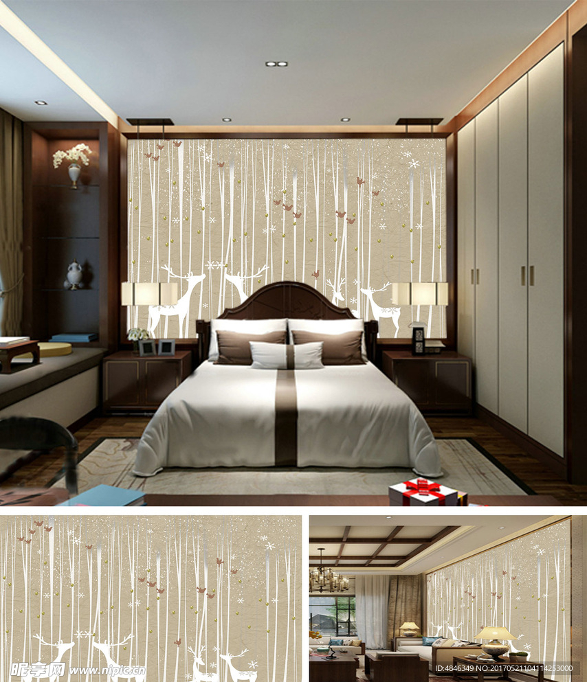 新式意境鹿森林风景背景墙