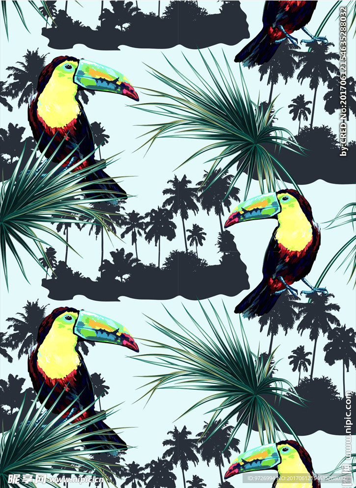 大嘴鸟棕榈叶底纹矢量图下载