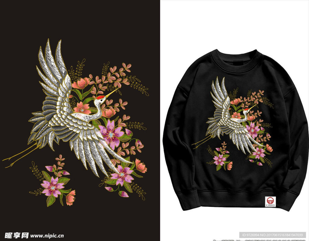 仙鹤花朵花卉刺绣矢量图下载