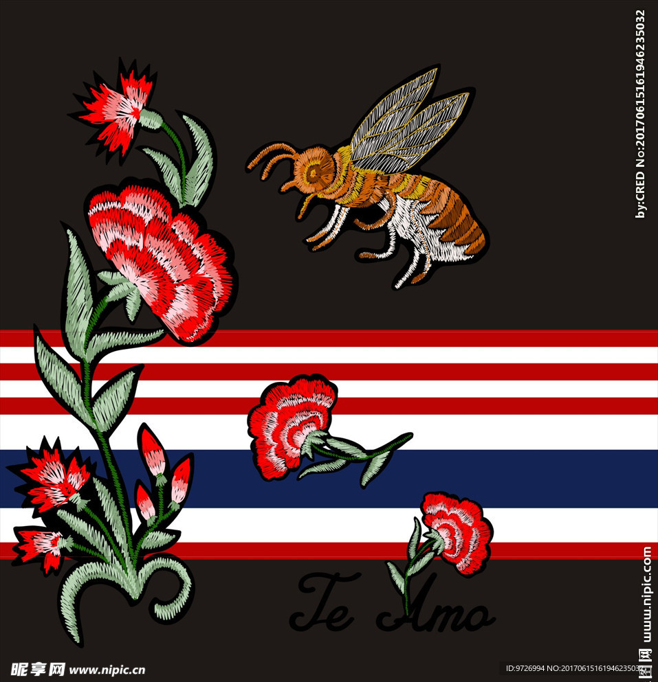 蜜蜂花朵花卉刺绣矢量图下载