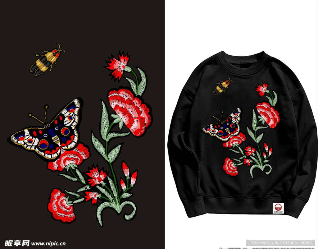 蝴蝶花朵花卉刺绣矢量图下载