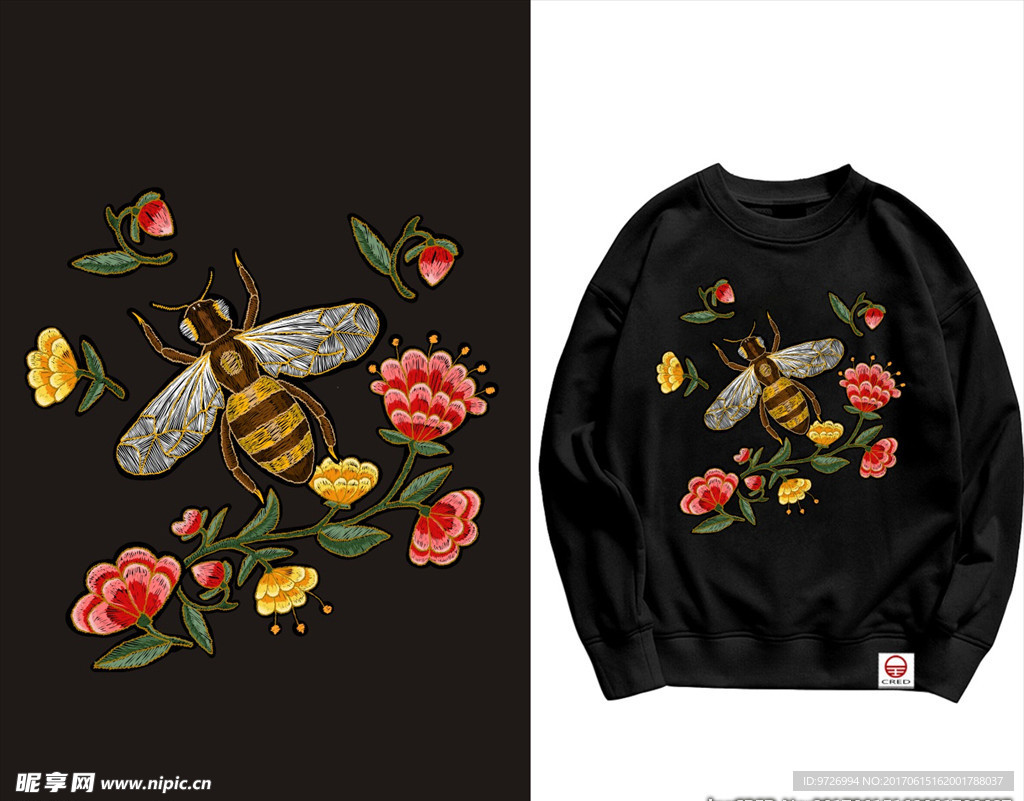 蜜蜂花朵花卉刺绣矢量图下载