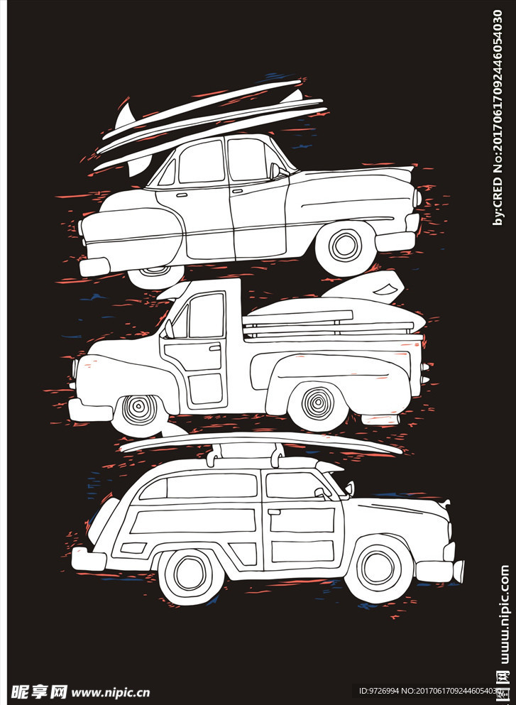 手绘汽车冲浪板矢量图下载