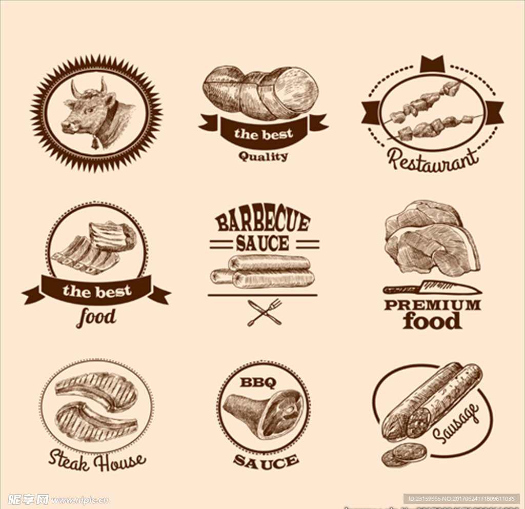 手绘复古肉类食品标签