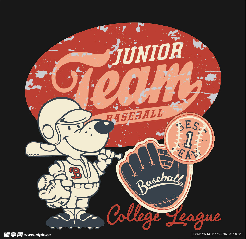 手绘卡通棒球狗矢量图下载