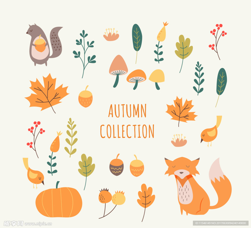 清新秋季植物和动物元素