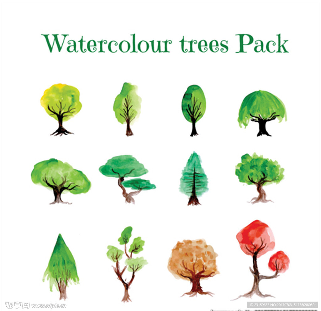 手绘水彩树木元素集