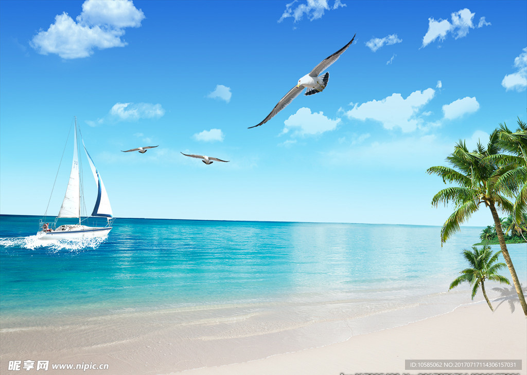 沙滩海景帆船背景墙