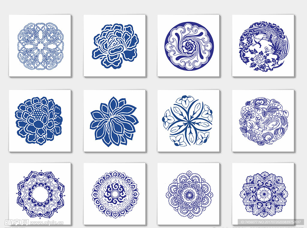 蓝色矢量花卉花纹元素