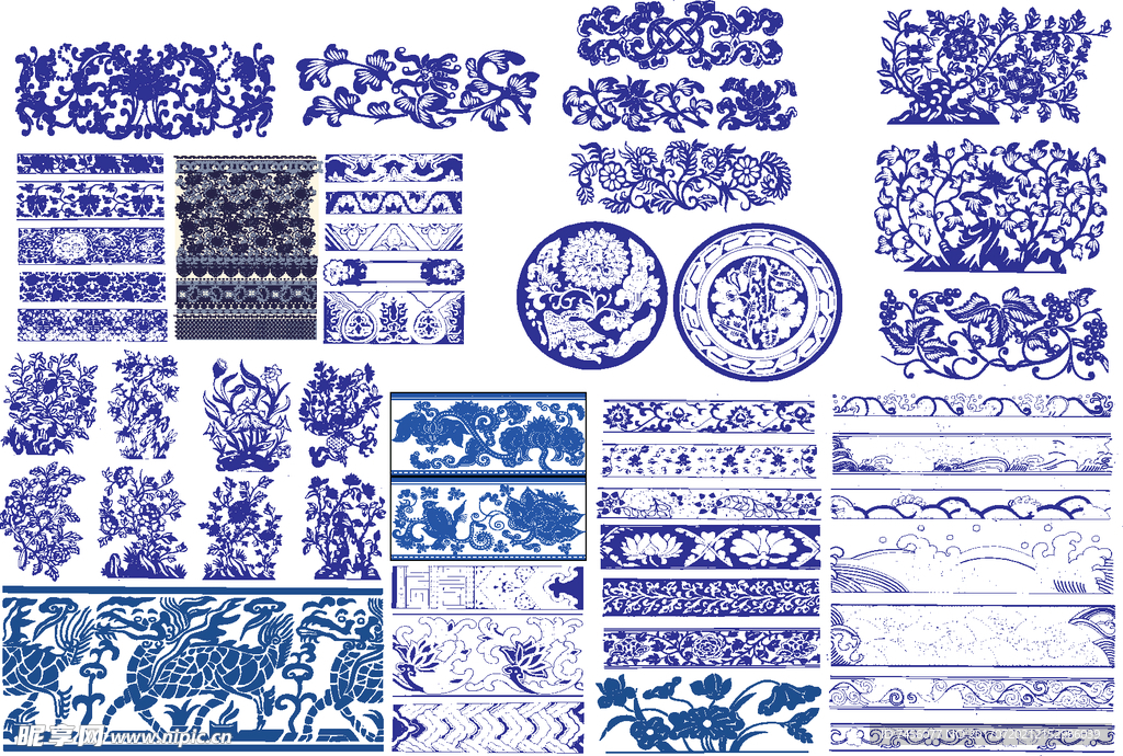 蓝色矢量花纹元素