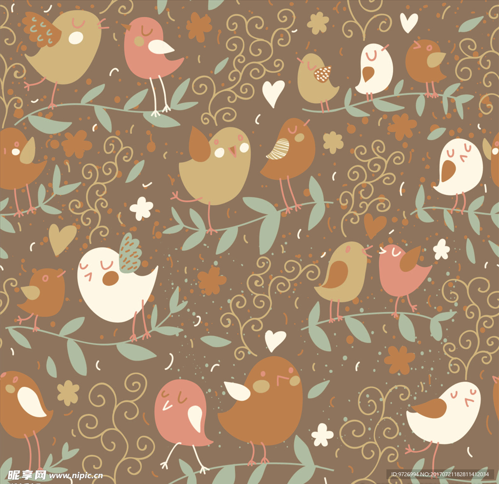 卡通花鸟四方连续底纹