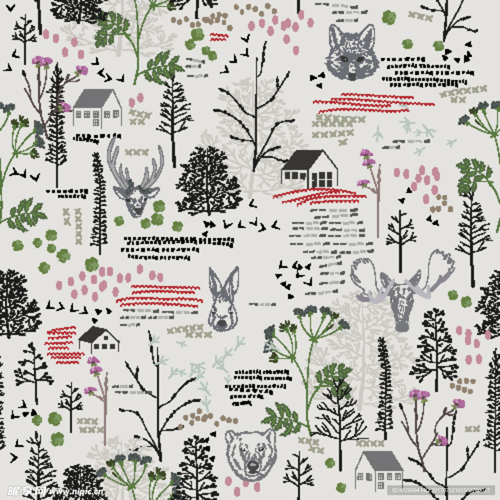 森林动物植物树木绿叶四方连续底