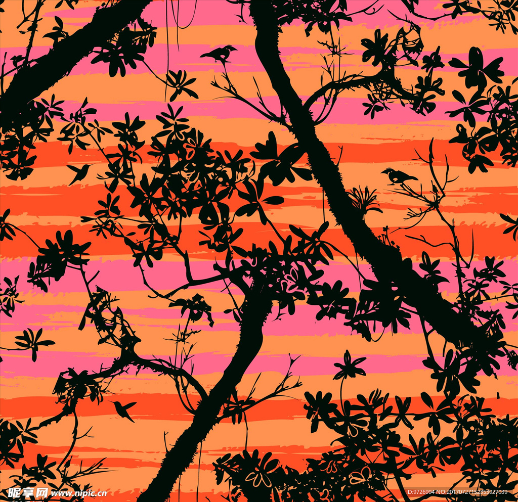 树枝树干树叶小鸟晚霞矢量图下载