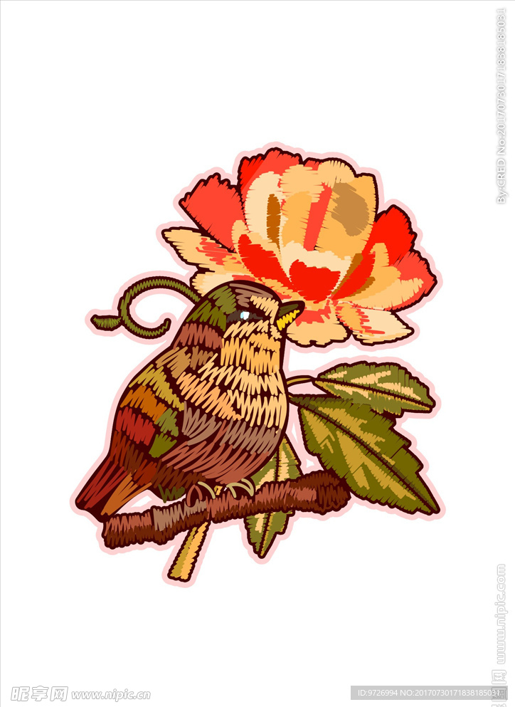 树枝树叶小鸟刺绣矢量图下载