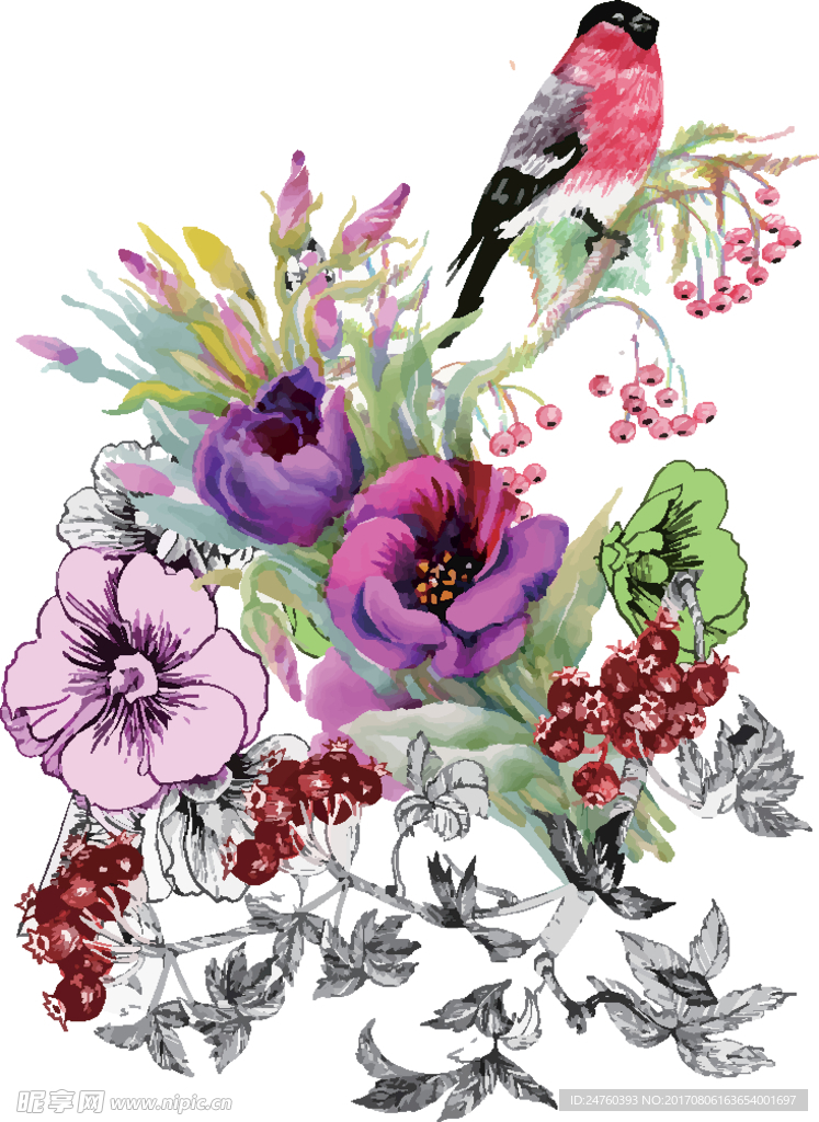 水彩画鸟花矢量设计素材
