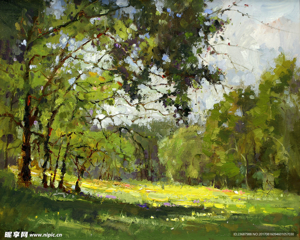 翠绿的树林油画