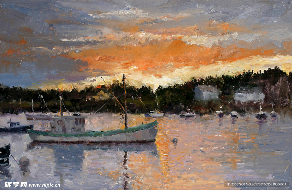夕阳下的渔船油画