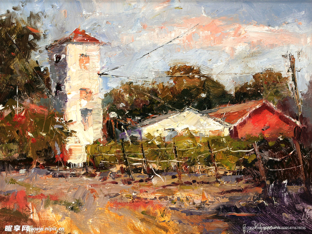 郊区的塔楼油画