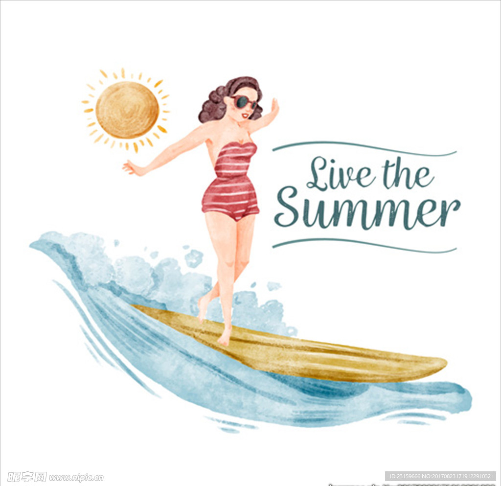手绘水彩夏日冲浪的女郎