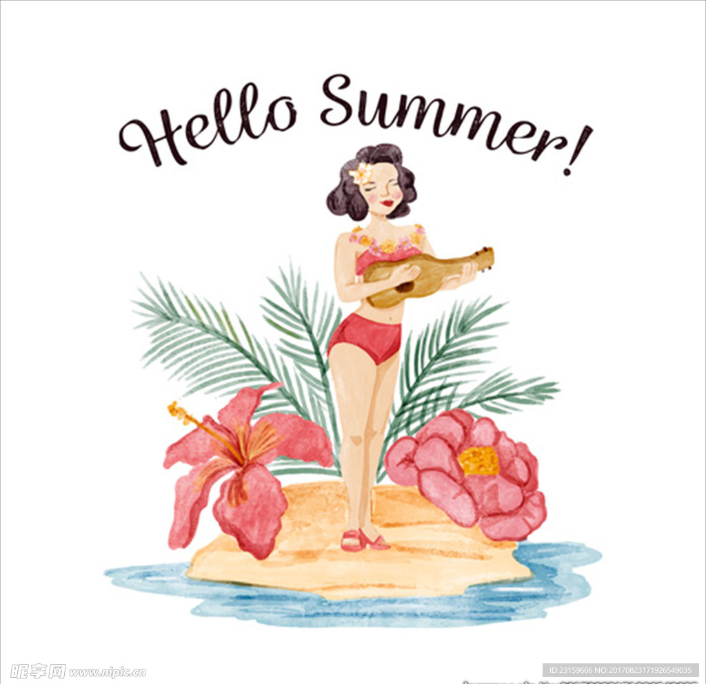 水彩夏日花卉和女郎插图