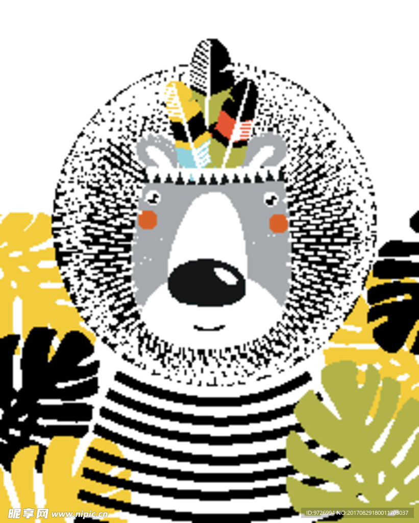 卡通狮子龟背竹矢量图下载