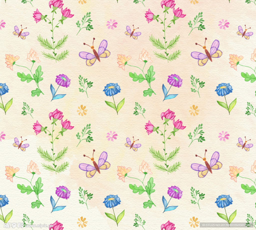 彩绘花卉和蝴蝶无缝背景矢量图