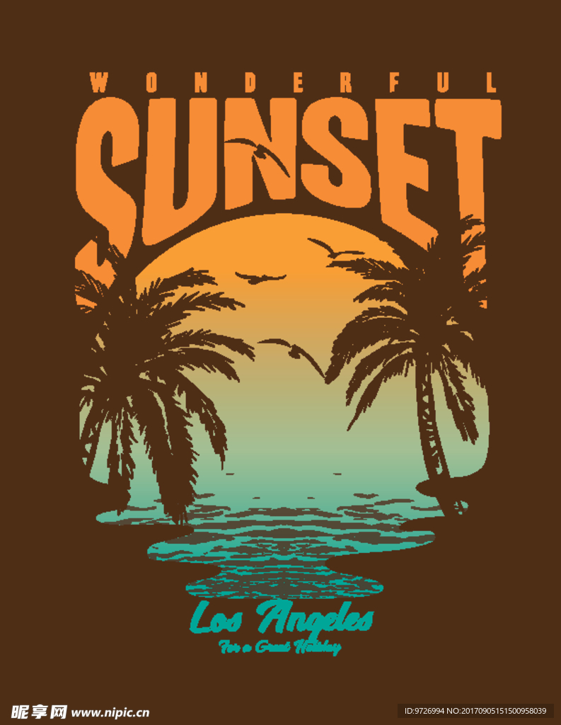 洛杉矶海岸日落标签矢量图下载